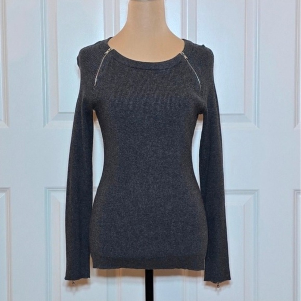 INC International‎ Concepts Charcoal Grey Ribbed Zipper Accent Sweater Womens M